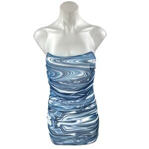 Et Clet Blue Swirl Marble Print Sleeveless Strapless Mini Tube Bodycon Dress S